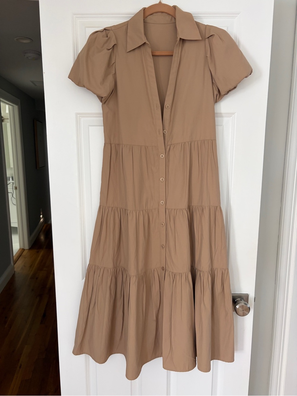 Tan Tiered Button-Front Shirt Dress